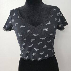 Cut & Paste Juniors Lace Baby Crop Tee Black W/butterflies  Size Small Y2k Fairy